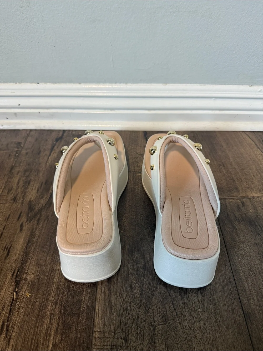 White Platform Thong Sandals with Blush Footbed and Gold Studs